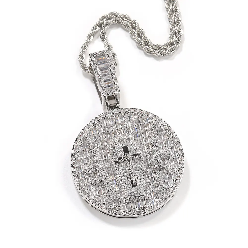 Round Medallion Jesus Cross Pendant Blinged Out Iced Out Statement Charm for Hip Hop Streetwear Vibe with Sparkling Details