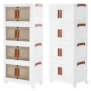 4 Tier Collapsible Storage Bins with Doors & Wheels Stackable Closet Organizers (Clear White)