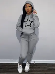 Stars Graphic Pattern print Women's 2 Piece Set, Drawstring Hoodie Set, Heart Pattern Print, Long Sleeve Pullover, Fitted Pants, Casual Fall & Winter, 2 Piece Outfit