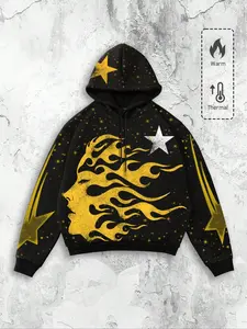 Street Style Flame Side Face Hoodie, Star Graffiti Print, Graphic Sweatshirts, Streetwear Sweatshirt, Trendy Casual Wear, Perfect for Daily, Comfortable and Stylish