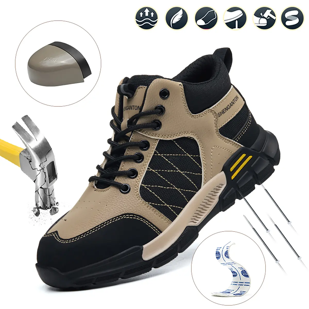 AOPLUS Men's Steel-Toe Work Boots, Breathable Lightweight Sturdy Anti-Skid Shock Absorbing Safety Shoes with Puncture-Resistant Midsole, Wear-Resistant Waterproof Industrial Footwear for Construction Mechanics (Metal Toe Work & Safety Footwear), Steel-Toe