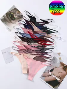 Random color 7 PCS Pack Women's Seamless Basic Casual Minimalist Thongs Ice Silk String Tanga Woman Solid Thong Panties High Stretch Panties Soft G-string Underwear Womenswear
