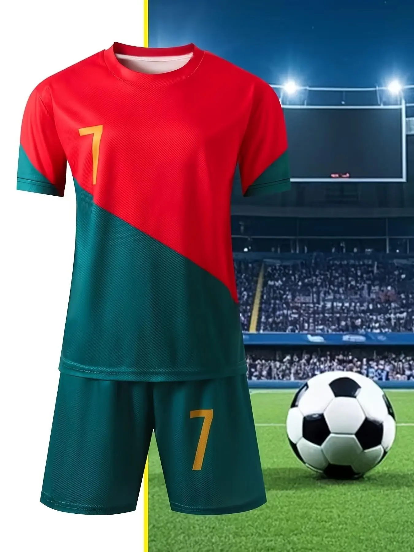 Quick-Dry Breathable Soccer Jersey Set No.7 Red-Green Patchwork Short Sleeve & Shorts Youth Match Training Away Kit 2-Piece Soccer Uniform