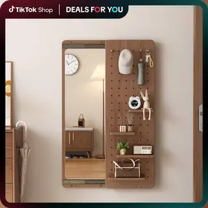 【School】Pegboard Mirror, 100% Solid Wood - No MDF, Mirror with Shelf & Hooks, Rustic Wall-Mounted Mirror with Multifunctional Panel for Bedroom, Living Room, Entryway