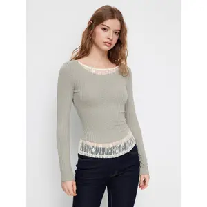 Cider Two Tone Round Neckline Long Sleeve Contrasting Lace Top Dealsforyou