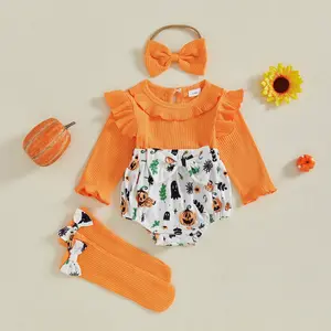 Newborn Baby Halloween Outfit Girl Pumpkin Ghost Onesie Bubble Romper Infant Long Sleeve Top Fall Winter Clothes