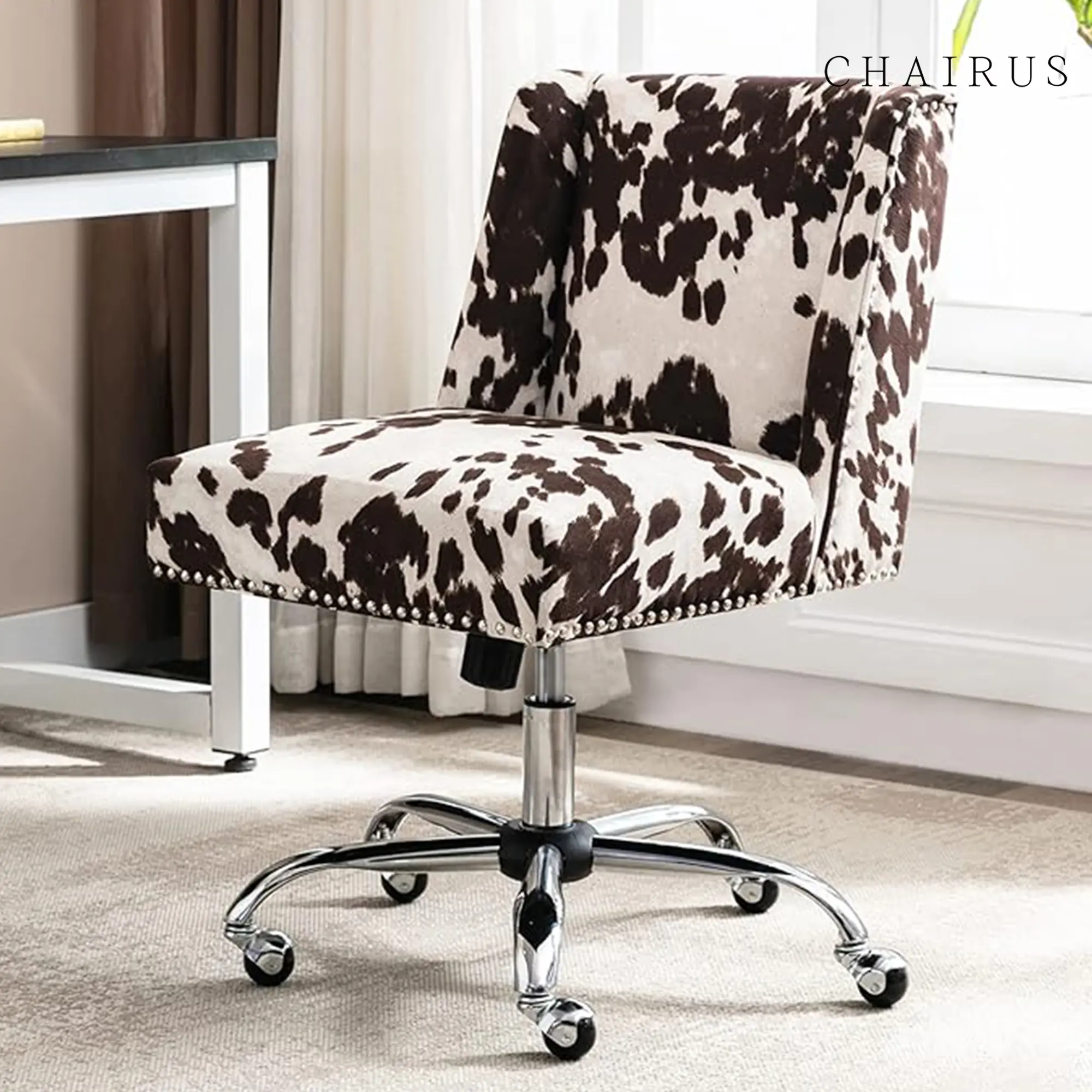 CHAIRUS Criss Cross Chair with Wheels, 360° Swivel Modern Home Office Desk Chair, Height Adjustable Vanity Computer Chair, Cow Desk Chair, Armless Upholstered Accent Chair for Living Room Bedroom, Cowhide