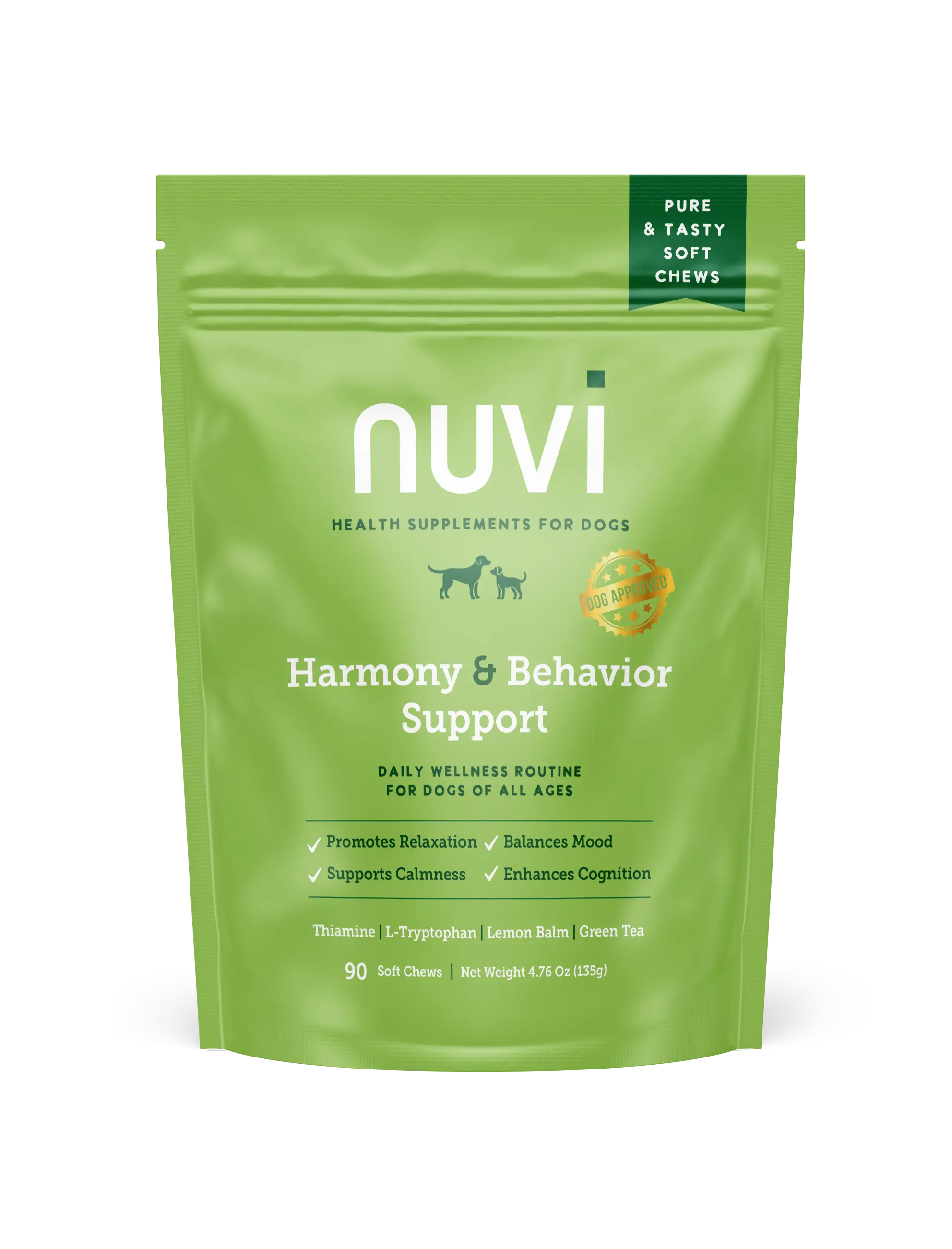 Nuvi Harmony & Behavior Calming Soft Chews for Dogs | Premium Non Drowsy Natural Stress & Anxiety Relief with L-Tryptophan, L-Theanine & Lemon Balm | 90 Count Plant Based Soft Chews