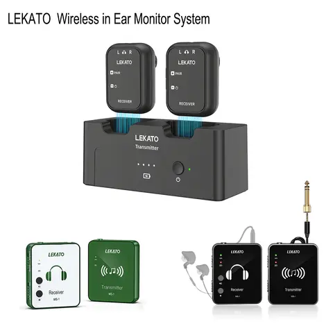 LEKATO MS-1 2.4GHz Cable-Free Audio Stereo Guitar Wireless In-Ear Monitor System - Transmitter & Beltpack Receiver Kit with 5H Battery Life, Clip Design, Dynamic Range, Automatic Pairing, 3.5mm Sound Card Compatibility for Band Rehearsal, Live Performance