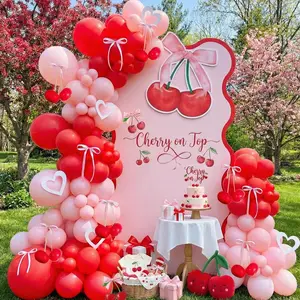 Cherry Balloon Arch Kit Pink & Red with Bow Ribbon for Galentine’s, Valentine’s & 1st Birthday Decor