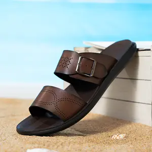 Men's 2026 Summer Double Strap Slide Sandals Breathable Perforated Adjustable Buckle Comfortable Casual Beach Slippers Non-Slip Cushioned Sole Lightweight Easy Wear Daily Outdoor Black Brown