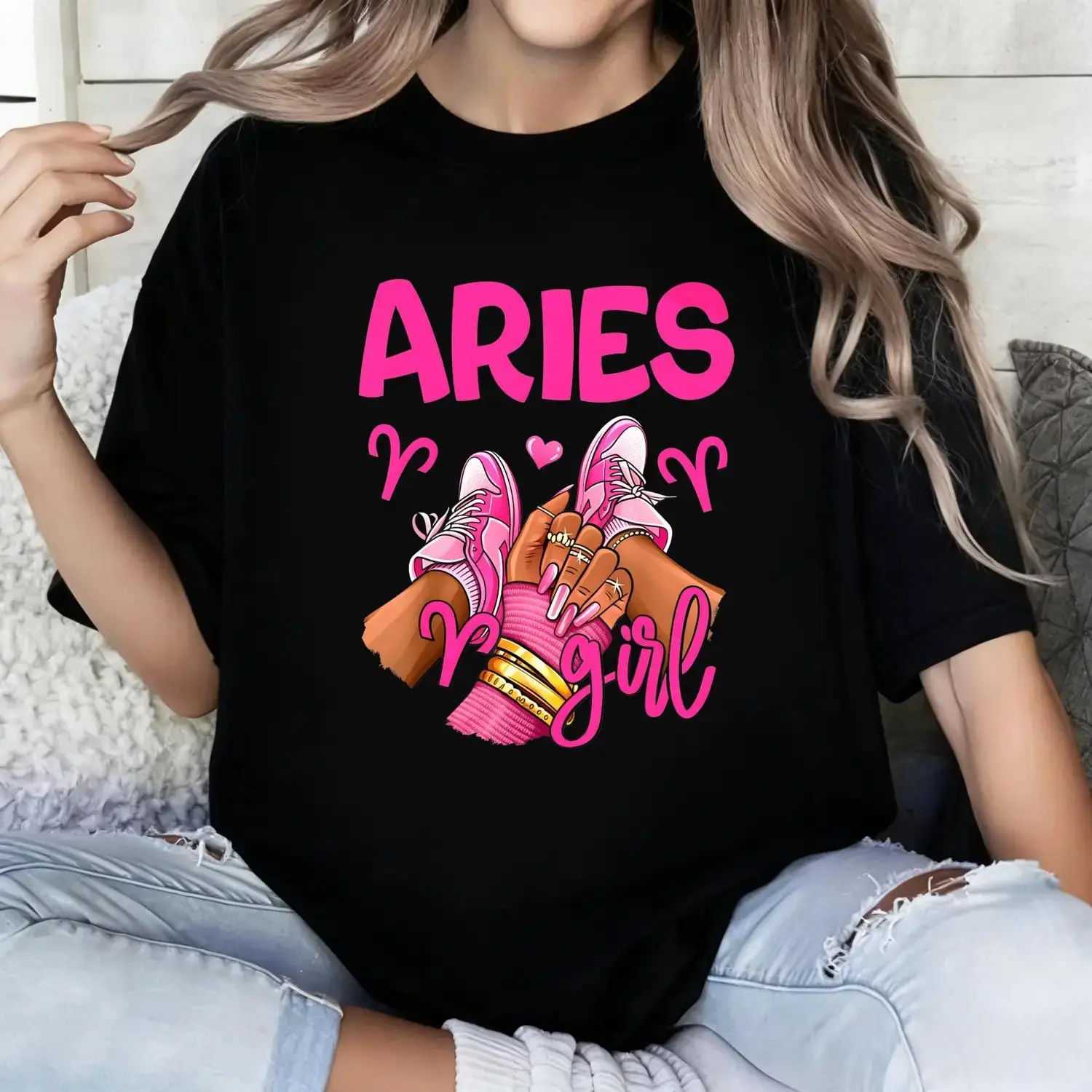 Aries Birthday Queen Wo Sneakers Zodiac Sign Oversized Graphic Short Sleeve T Shirt Plus Size Casual Crew Neck Top