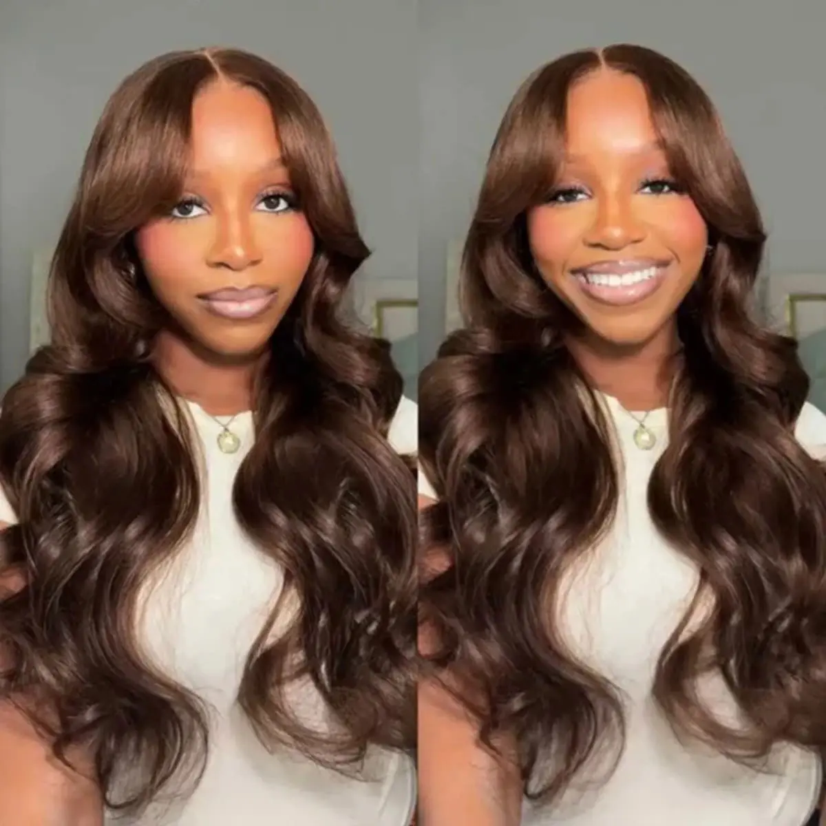 Chocolate Brown Layered Cut Body Wave Pre-Cut Lace Wear Go Glueless Wigs C Part Highlight Butterfly Body Wave Human Hair Wigs 180% Density