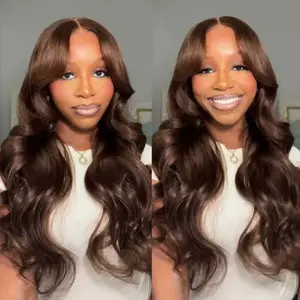 Chocolate Brown Layered Cut Body Wave Pre-Cut Lace Wear Go Glueless Wigs C Part Highlight Butterfly Body Wave Human Hair Wigs 180% Density