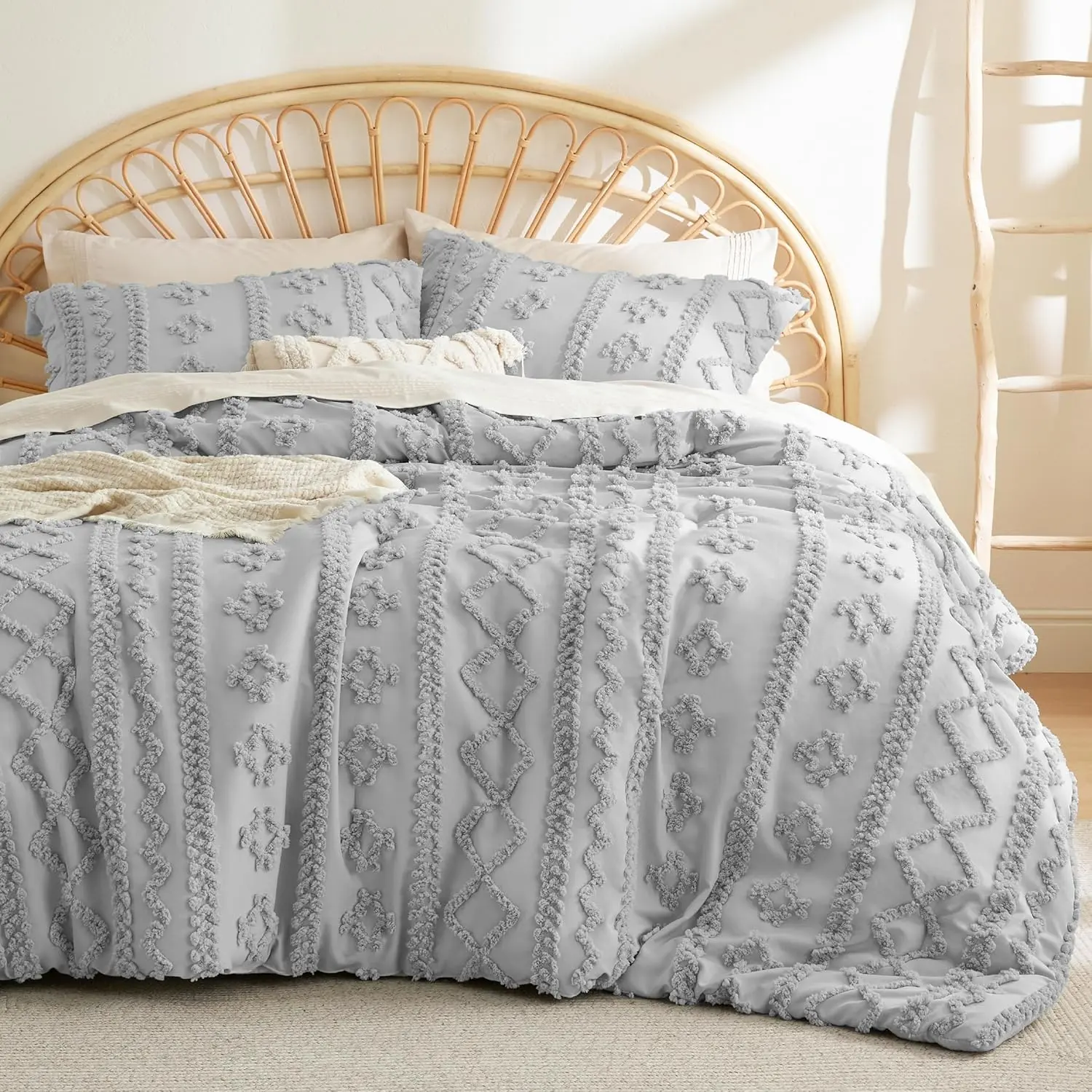 Tufted Boho Comforter King Size - Light Grey Boho, Farmhouse Embroidery, Gifts for Woman, Jacquard King Comforter for Seasons