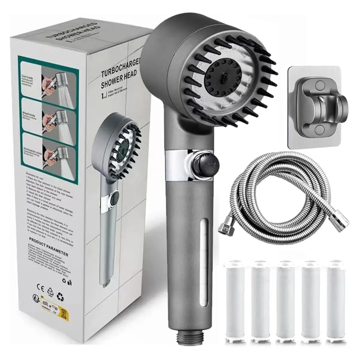 Filtered Shower Head, 2026 NEW Shower Head with 59in Hose/Bracket, Adjustable Filtered Showerhead with 5 Filter Replacements, Built-in Power Flash for Bathroom Cleaning