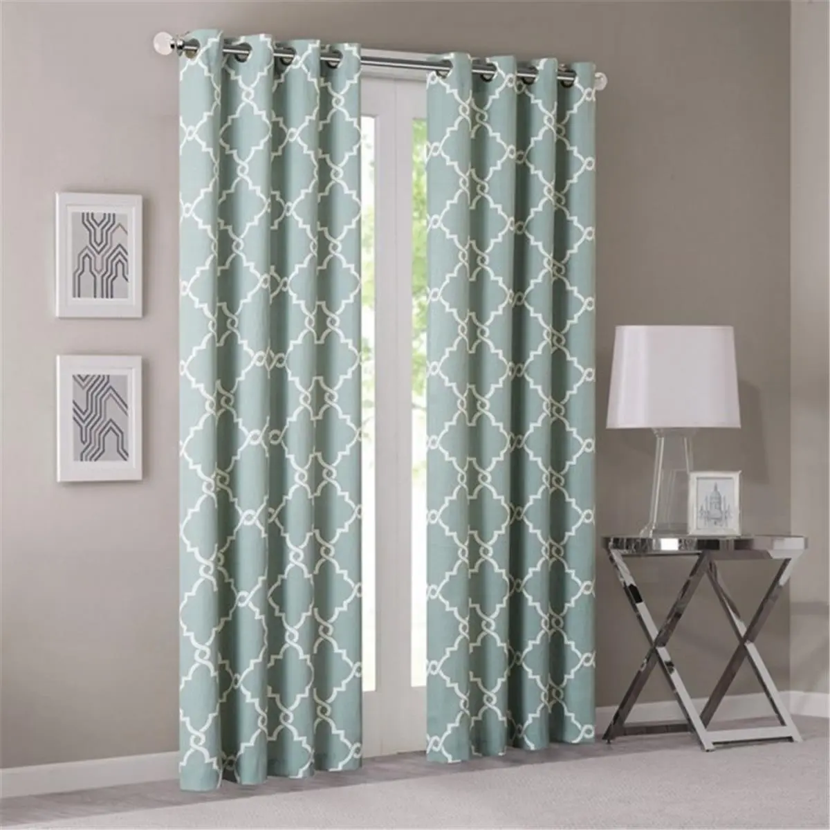 212 MAIN 84 in. Seafoam Grommet Window Curtain - Modern Design with Saratoga Fretwork, Scroll, Geometric Basket Weave Print, Grommet Curtains