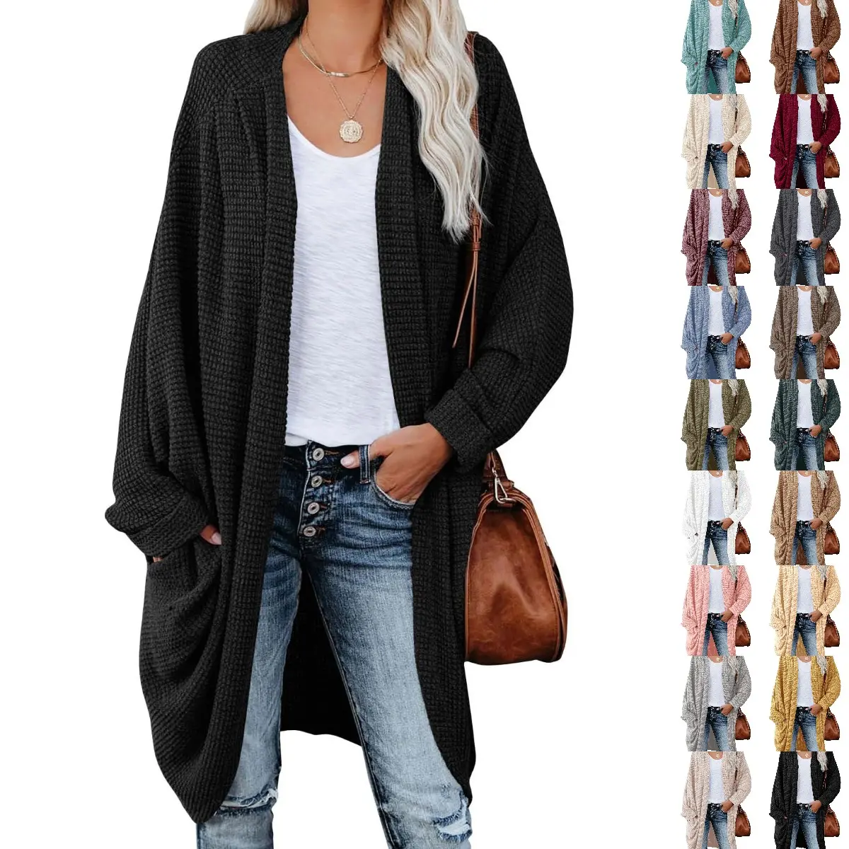 Goranbon Women's Open-Front Knit Cardigan - Long Batwing Sleeve Oversized Yarn Garment with Chunky Waffle Cable, Boho Pockets, Spandex Blend, Tank Top Pairing Style