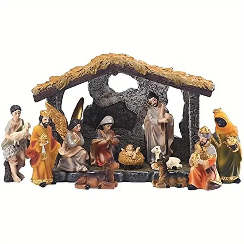12-Piece Resin Nativity Set, Realistic Manger Scene Figurines, Detailed Indoor Christmas Decorations, Ornate Religious Decor, Religious Home Decor, Perfect Gift for Religious Families, Religious Collectibles