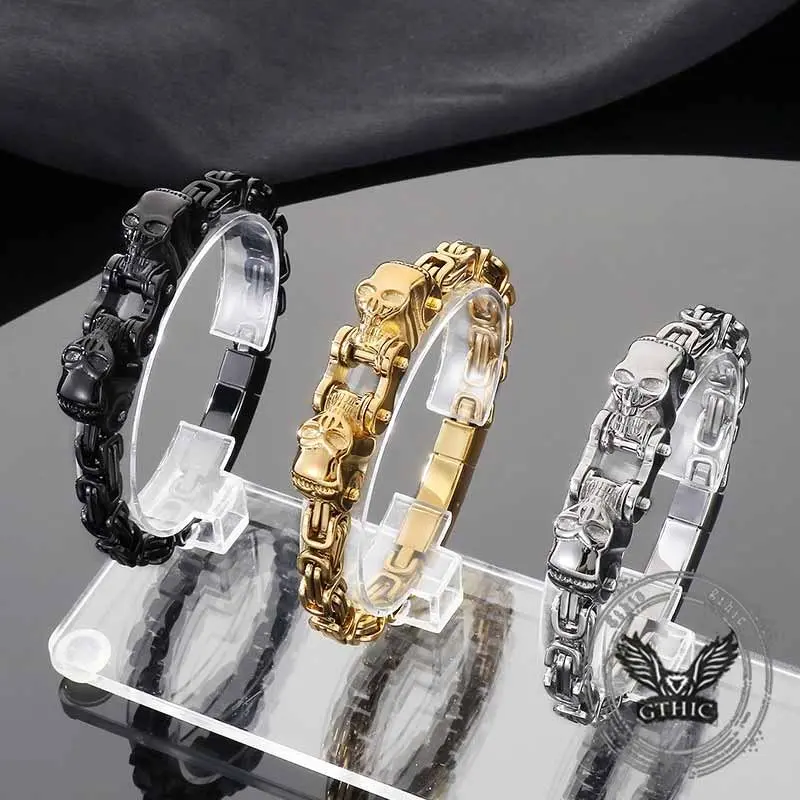 GTHIC Punk Double Skull Head Stainless Steel Male Adult Bracelet, Black Metal Artificial Gemstone Bracelet, 21*0.7 cm 68 g Heavy Metal Inspired Accessory for Daily & Party Wear
