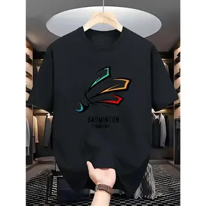 2025 Summer New Fashion Street Casual Badminton Print Soft Round Neck T-Shirt, Slight Stretch Fabric, Regular Fit for Adults, Perfect for Summer