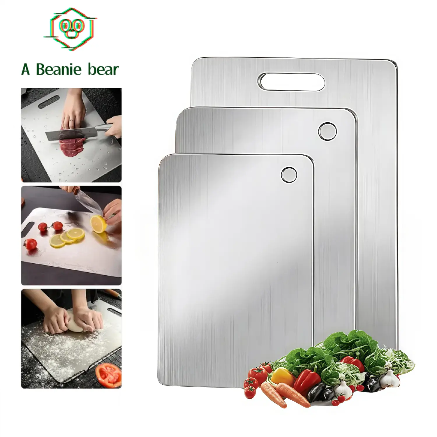 Stainless Steel Double Sided Design Chopping Board Set, Heavy Duty Cooking Cutting Board with Anti-Slip Base, Durable Hygienic Anti-Corrosive Antibacterial Portable Kitchenware, Easy to Clean Housewarming Gift, Anti-Slip Base Chopping Boards, Double Sided