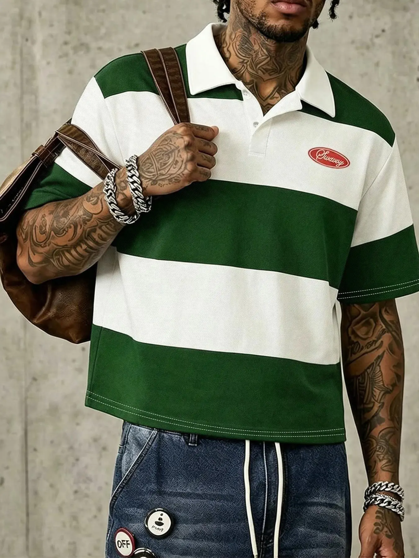 Men's American-Style Wide-Striped Collared Polo Shirts, Summer Short Loose-Fit Top, Casual Collar Streetwear