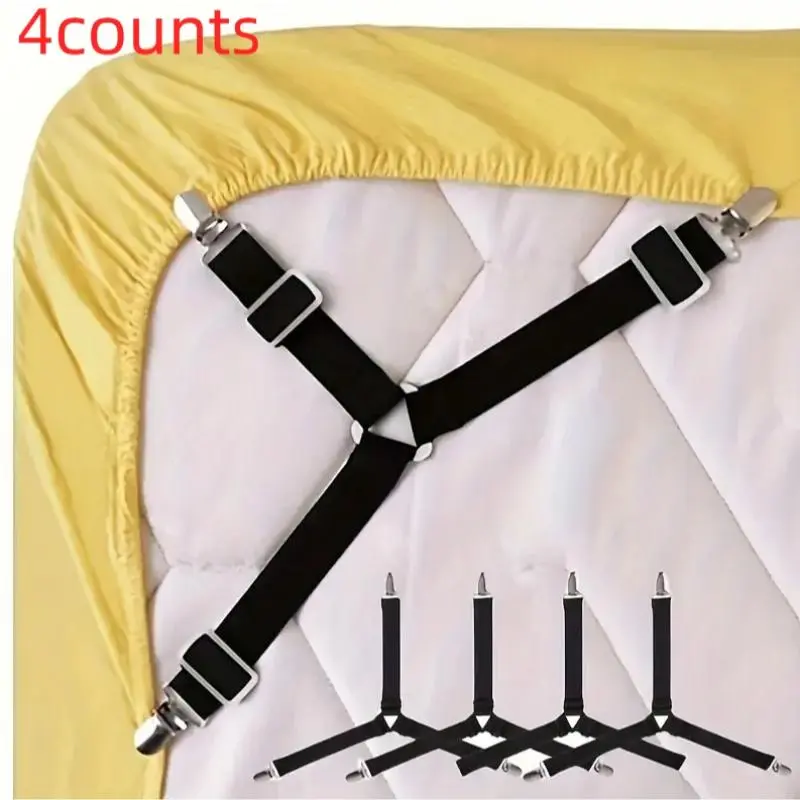 Bed Sheet Fastener, 4 Counts Adjustable Elastic Bed Sheet Clip, Bed Sheet Grippers, Bed Sheet Holders, Sheet Grippers Straps, Bedding Accessories for Home Bedroom Hotel Dormitory