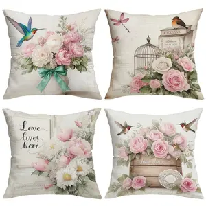 4pcs-Spring Themed Throw Pillow Covers, French Retro-style Floral and Bird Design, Home Décor Products, Suitable for Couch Sofa, Room Decor and Bedroom Decor, Suitable for Spring Decoration, 2D Flat, Single Sided Printing, No Pillow Core