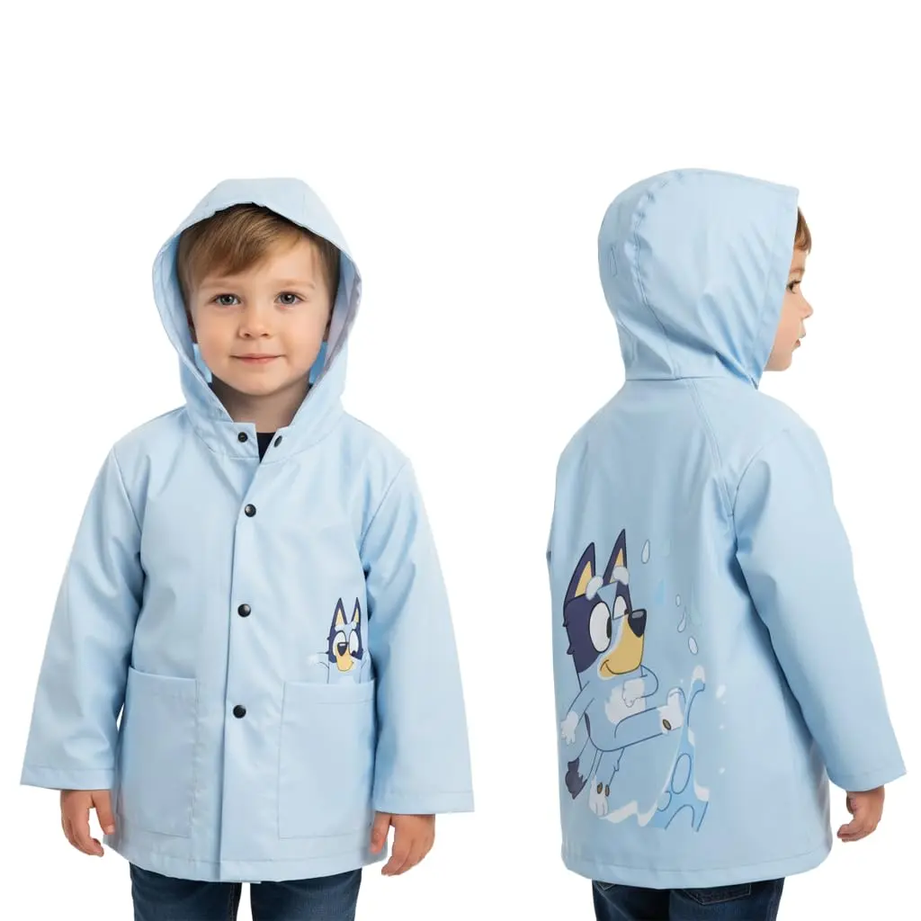 Bluey Kids Rain Jacket (Ages 4-7) – Waterproof Hooded Raincoat with Pockets & Snap Closure – Officially Licensed