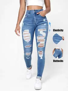 Women's High Waist Ripped Skinny Fit Jeans Pants, Elastic Vintage Denim Jeans with Button and Pocket, Butt Lifting Design, Casual Streetwear Fashion Womenswear for Daily Wear