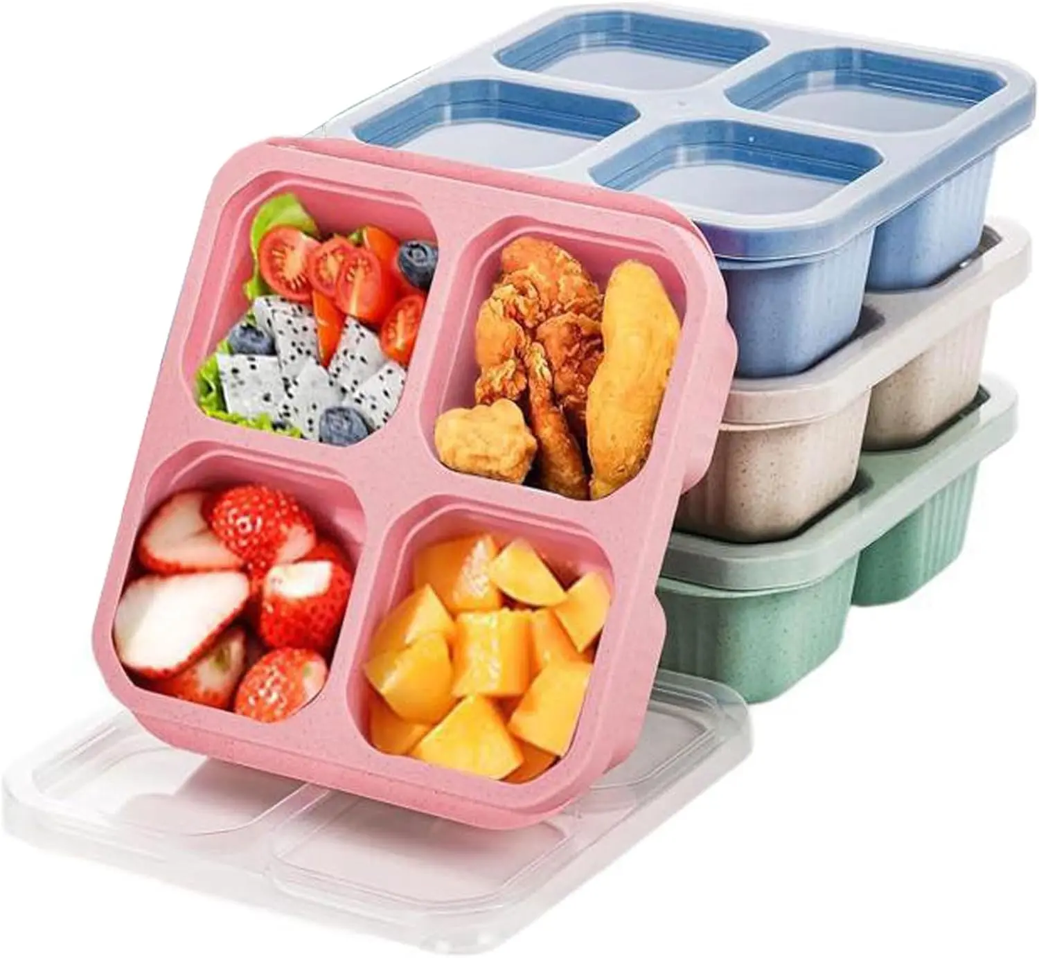 4 PcSnack Box Containers Set, Reusable 4 Compartment Lunchable Container, Stackable BPA-Free Bento Box for Meal Prep Picnic Office Travel (4 Colors)