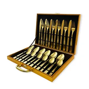 Custom Logo Gold Spoon and Fork Flatware Set Stainless Steel Cutlery Set With Box 24pcs Luxury Gift Gold Cutlery Set for Wedding