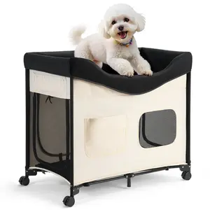 【DealsForYouDays】VEVOR L-Shape Beige Elevated Lounge Pet Bed for Poodles, Foldable Bunk Dog Bed with 600D Oxford Cloth & Dutch Velvet, Portable Raised Cot with Wheels, Side Storage Bags & Carry Bag for Cats & Dogs, Poodle