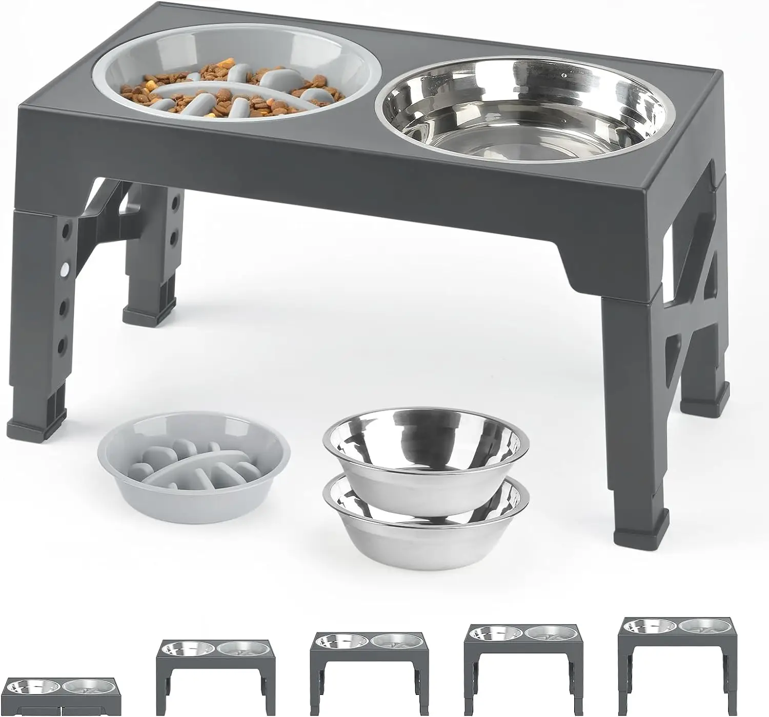 Elevated Dog Bowls with 2 Stainless Steel Dog Food Bowls and 1 Dog Slow Feeder Bowl, 5 Heights Adjustable Raised Dog Bowl for Small Medium Large Dogs,