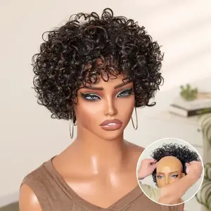 【LIVE】Brown Highlight Throw On & Go Short Bouncy Curls with Bangs Glueless Wig 100% Human Hair - US Only