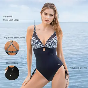 Popilush Women's One-Piece Built in Shapewear Swimsuit Deep V Neck  Print Sheer Push-Up Bathing Swimsuit