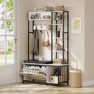 Hall Tree with Bench and Shoe Storage 6-in-1 Versatile, 43.3" x 15.75" x 70.87", MDF Wood, Embossed White Walnut Wood Grain Finish, for Entryway, Bedroom, or Garage