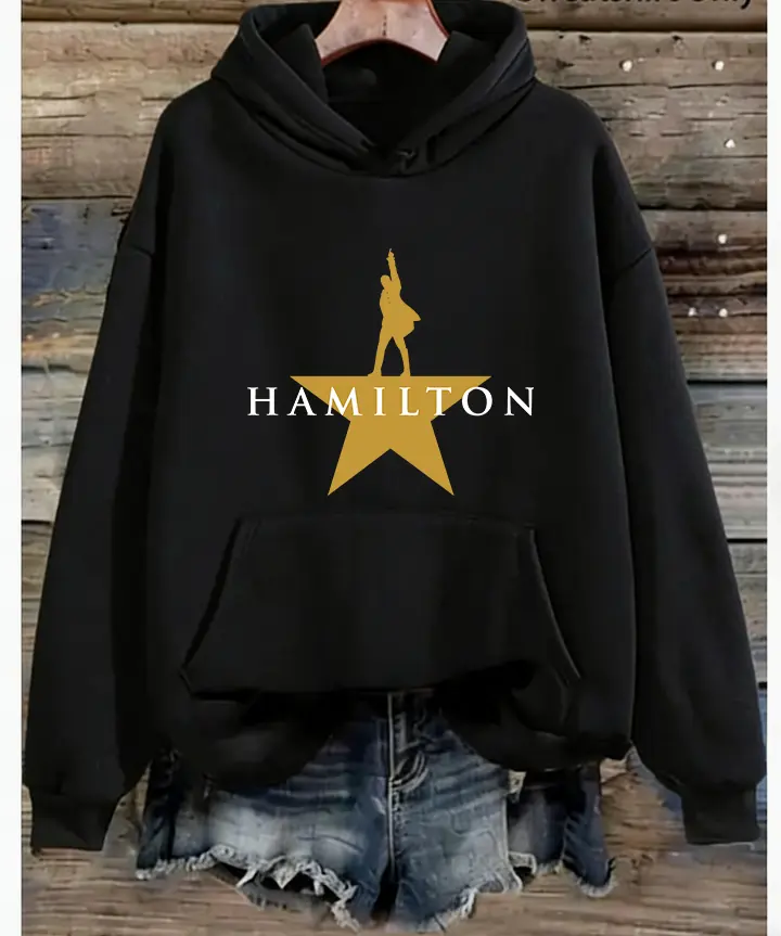 Women's Gold Star Musical Oversized Hoodie - Black Broadway Print Clothes, Casual Chic Fabric, Unisex Fit Ease Theatre Lover Outfit