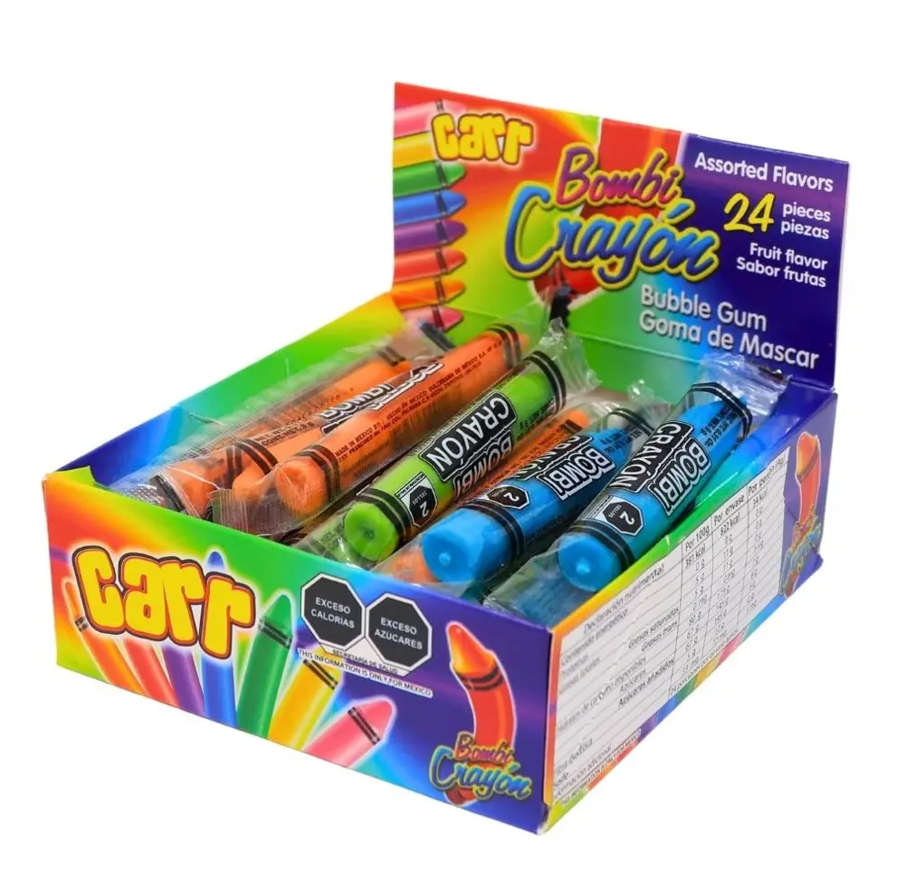 CARRIZOS BOMBI CRAYON CHEWING BUBBLE GUM BOX 24CT 7.61OZ PARTY FAVOR