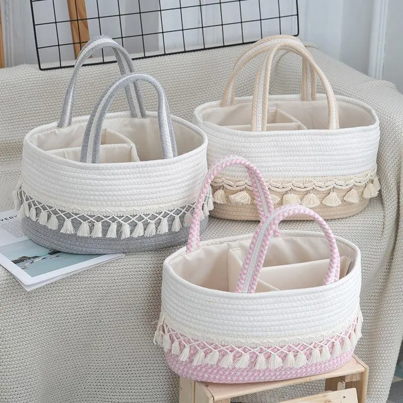 1pcs Baby Diaper Basket, Handmade Woven Toy Storage Baskets for Organizing with Tassels, Portable and Removable Dividers for Nursery Multipurpose Basket,giant