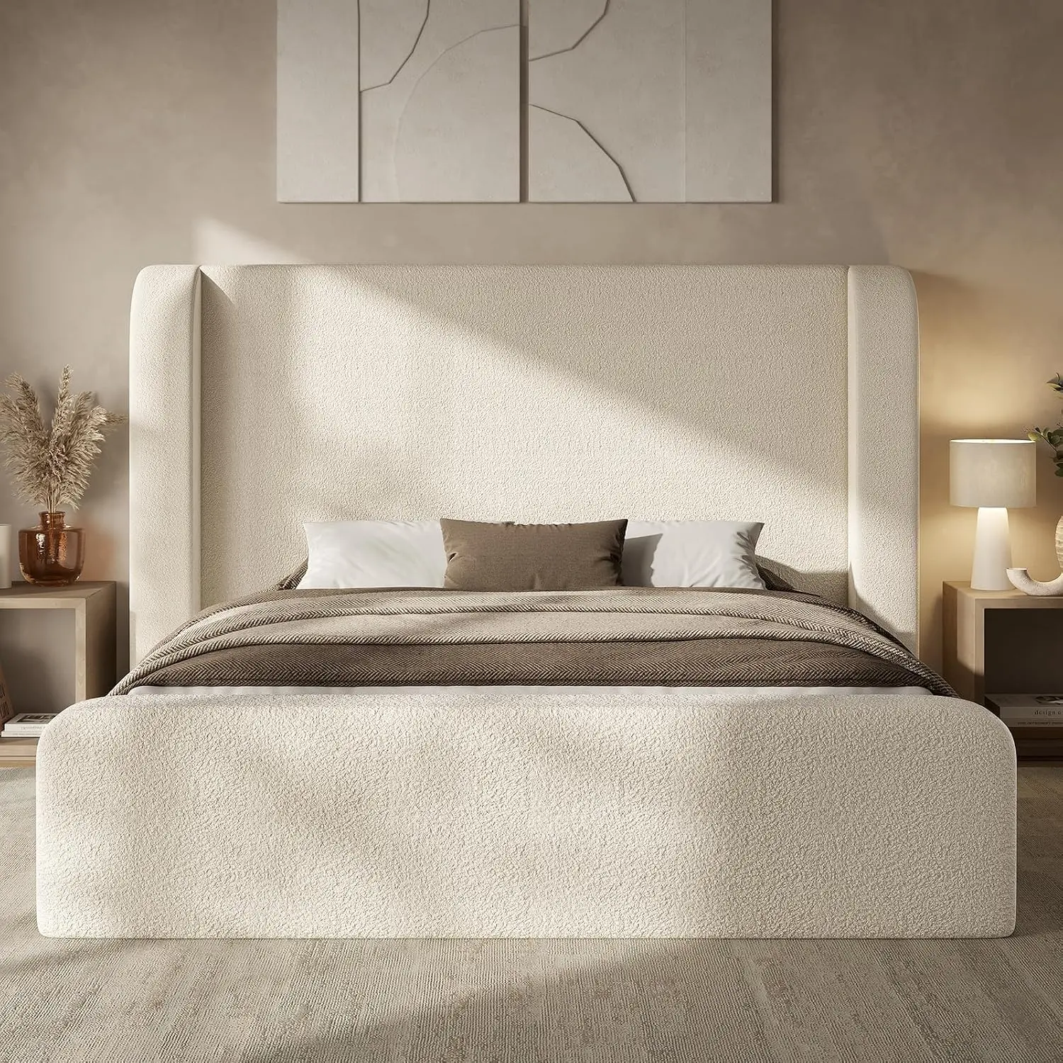 ADORNEVE Queen Size Upholstered Platform Bed Frame with 49.2” Tall Wingback Headboard, 5-Inch Foam Cushioning, and Rounded Corners Design | Bed Frames for Indoor Furniture, Queen Bed Frame