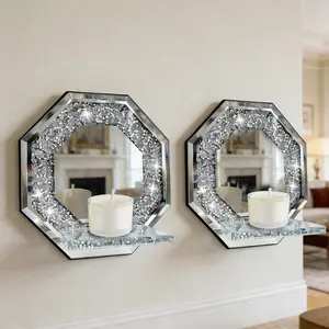 2Pcs Mirror-Finish Rhinestone Glass Candle Holder Set - Wall-Mounted Octagonal Silver Mirror Candle Wall Sconces - Elegant Home Wall Decoration for Living Room, Dining Room and Bedroom - Ideal Gift