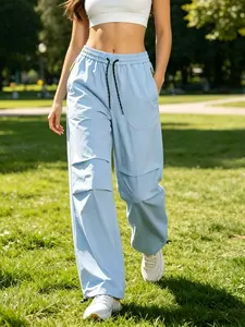 Women’s quick-dry loose mid-rise cargo pants with adjustable drawstring cuffs, straight-leg long casual athletic cargo pants for everyday outdoor wear in spring/summer and streetwear.