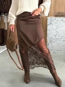 Elegant Solid Color Woven Lace Patchwork Zipper Skirt, Fitted, Slim Fit, Perfect for Daily Wear, 2026 New Arrival
