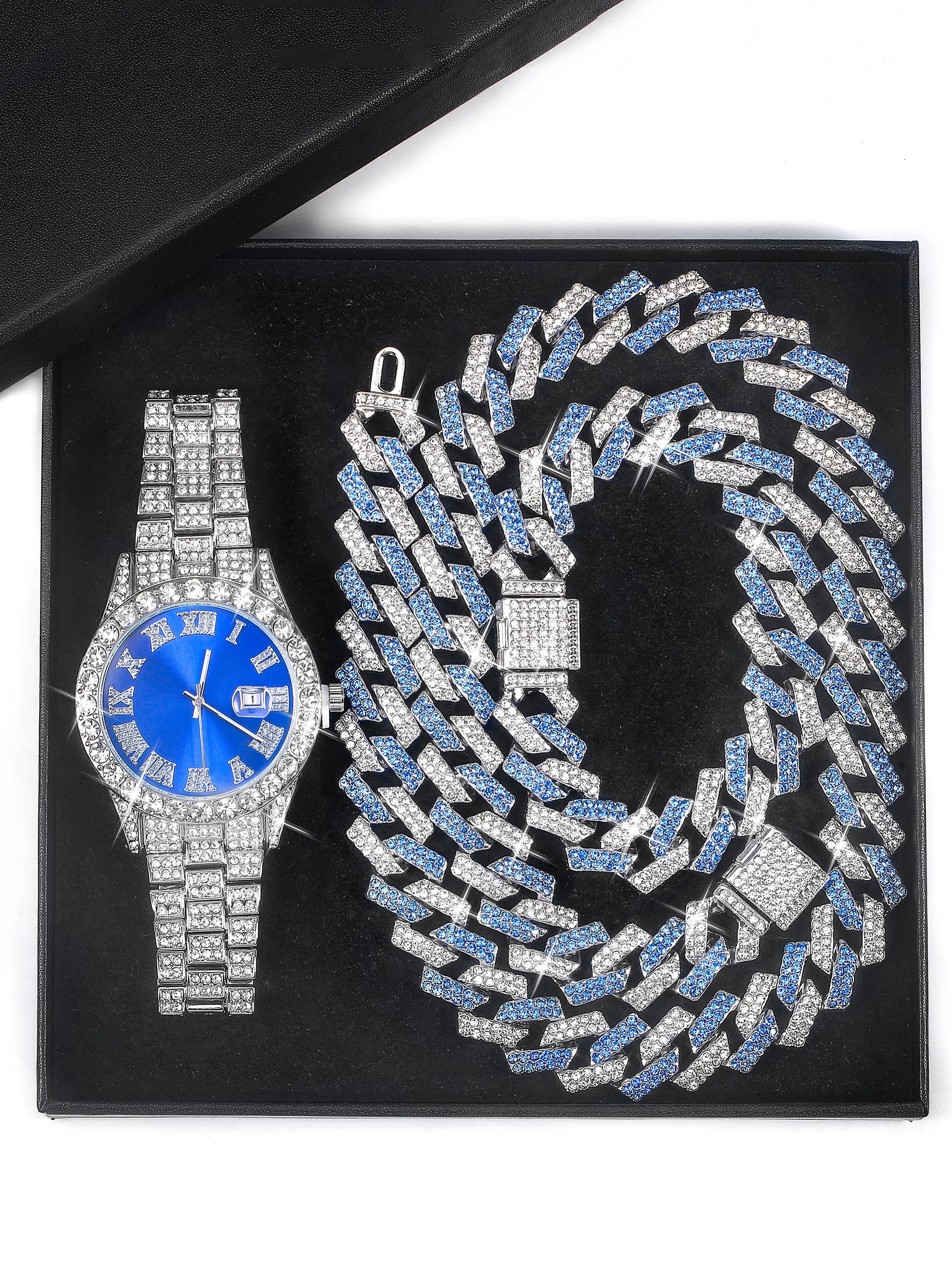 Rhinestone Decorated Watch & Bracelet & Cuban Chain Bracelet, Fashionable Jewelry Set for Party, Matching Jewelry Set, Daily Clothing Decor, Trendy All-match & Exquisite Jewelry for Birthday Gift, Elegant Jewelry Set
