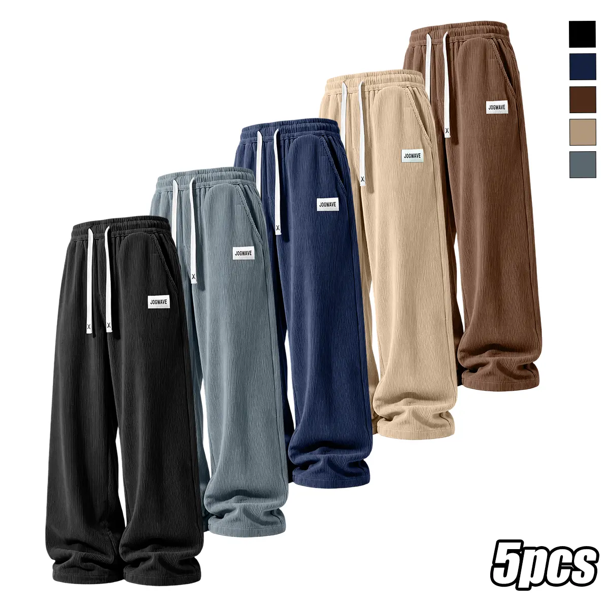 Men's Corduroy Casual Pants (5-Pack) - Menswear, Comfortable Fabric, Double Pockets, Mid-Rise Straight Loose Fit, Street Style, Suitable for Year-Round Wear, Outdoor & Leisure Activities, Baggy, Polyester, Street Wear, Trouser