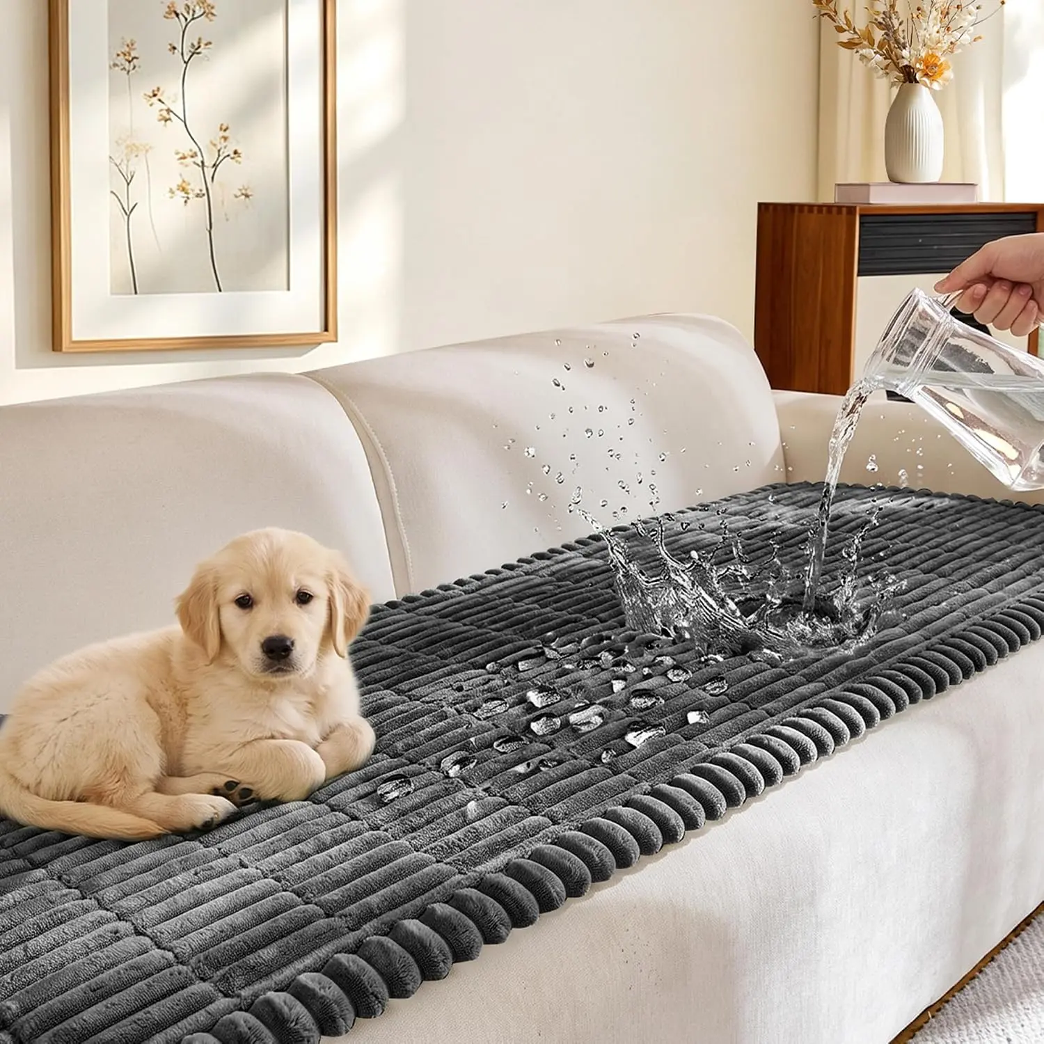 Fuzzy Soft Waterproof Couch Cover for Dogs, Non-Slip Washable Cloth Sofa Protector for Living Room 2-3 Cushion Couch, Pet-Friendly Slipcover, Living Room Couch