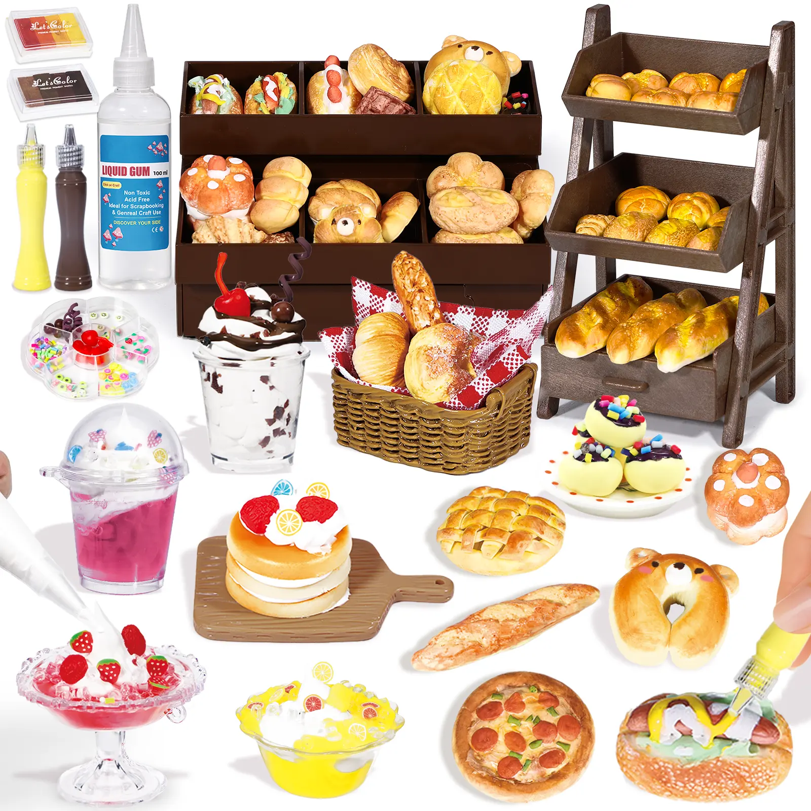 Mini Bake Shop DIY Craft Kit, Resin Clay Café Play Set with Counter & Display Rack, Paints, Cream Glue & Molds, Realistic Pretend Bread, Cakes & Drinks, Creative Mini Food Toy for Kids 6+