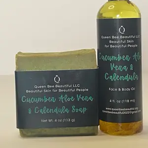 Organic Cucumber, Aloe & Calendula Shea-Infused Body Care Multi-Pack - Soothing Cleanser, Hydrating Body Wash, Nourishing Face Oil for Sensitive, Normal Skin